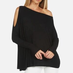 Michael Lauren Black Draped Cold Open Off Shoulder Long Sleeve Ribbed Top Small